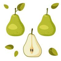 one green pear on a white background with a leaf, without a leaf, half a pear. vector illustration.