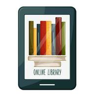 The concept of reading digital e-books online. Digital bookstore phone web apps, online library concept, cartoon style e-book, online library flat illustration, remote online library concept. vector