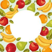 plantilla, marco desde frutas pera, manzana, naranja, plátano y granada. vector ilustración. gratis blanco circulo para texto