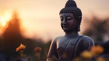 Buddha statue on sunset background. photo