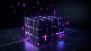 3d rendering of black cubes with purple neon lights on black background. photo