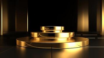 Abstract black background with gold podium for product presentation. 3d render. photo