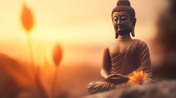 Buddha statue on sunset background. photo