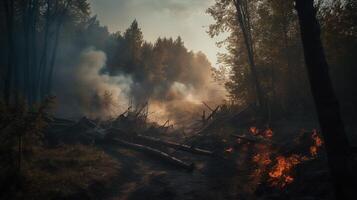 Forest fire in the forest. The concept of disaster and ecology,Burning dry grass and trees in the forest. photo