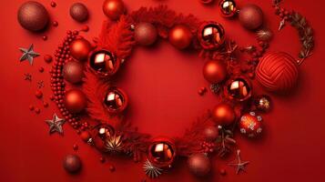 Christmas baubles on red background with copy space for your text. photo