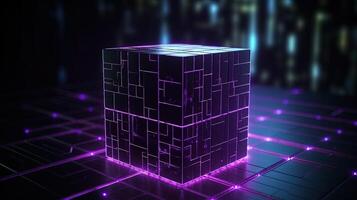 3d rendering of black cubes with purple neon lights on black background. photo