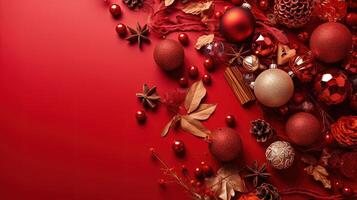 Christmas baubles on red background with copy space for your text. photo