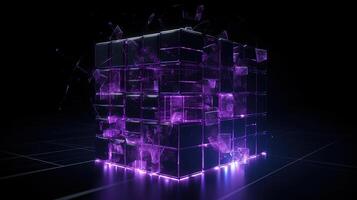 3d rendering of black cubes with purple neon lights on black background. photo