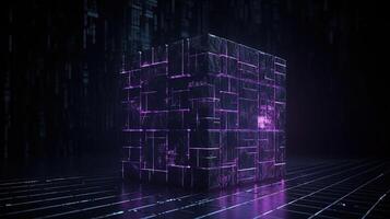 3d rendering of black cubes with purple neon lights on black background. photo