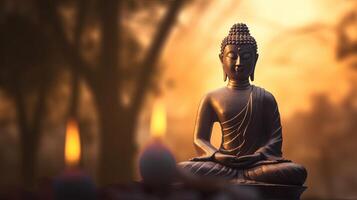 Buddha statue on sunset background. photo