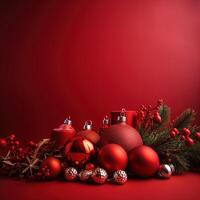 Christmas baubles on red background with copy space for your text. photo