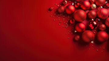 Christmas baubles on red background with copy space for your text. photo