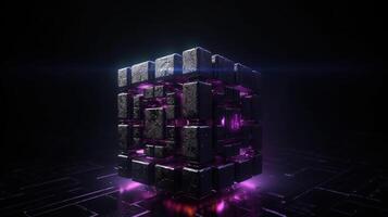 3d rendering of black cubes with purple neon lights on black background. photo