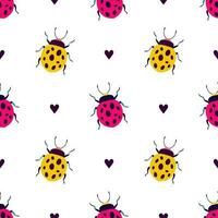 Funny ladybugs with hearts. Seamless pattern with cartoon elements. vector