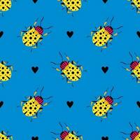 Bright beetle on the blue background. Seamless pattern with cartoon element vector