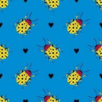 Bright beetle on the blue background. Seamless pattern with cartoon element vector