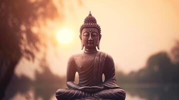 Buddha statue on sunset background. photo