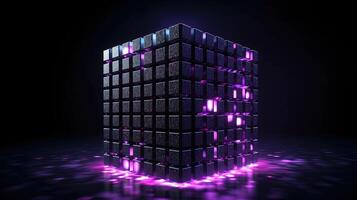 3d rendering of black cubes with purple neon lights on black background.AI Generative photo