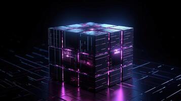 3d rendering of black cubes with purple neon lights on black background. photo