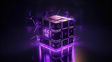 3d rendering of black cubes with purple neon lights on black background. photo