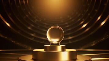 Golden podium with round frame on black background. Award ceremony concept. 3D rendering. photo