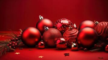 Christmas baubles on red background with copy space for your text. photo