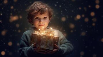 Boy with magic Christmas box. Illustration photo