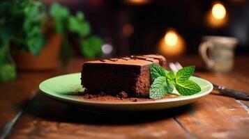 A piece of chocolate cake with mint. Illustration photo