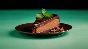 A piece of chocolate cake with mint. Illustration photo