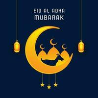 Eid Al Adha Mubarak With Crescent Moon, Lanterns, Stars Greetings Post Design Template vector