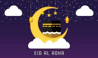 Eid Al Adha Greetings Backround With Qaba, Crescent Moon, Lanterns, Stars, Clouds Design Template vector