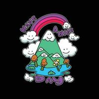 Hand drawn doodle vector illustration of a mountain, clouds and rainbow.