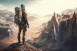 Traveler or explorer with backpack standing on mountain cliff, photo