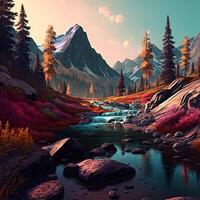 An illustration featuring colorful geometric mountains and forest photo