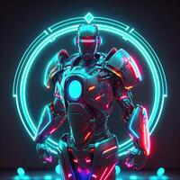 Cyborg Robot And Futuristic Neon Glowing, Circle Shape on Background. . photo