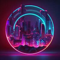 Futuristic of neon glowing in circular shape, cityscape. Cyberpunk in buildings view with digital design. . photo