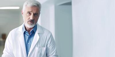 Elderly Professional Male Doctor Standing in Hallway of Hospital, . photo