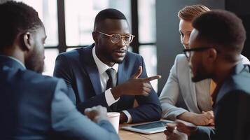 Team Portrait of Confident Multicultural Business People Discuss and Sit at Table In Boardroom. Illustration. photo