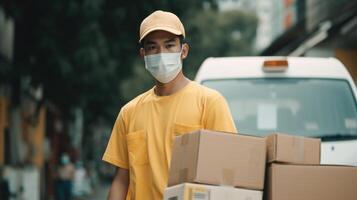 Portrait of Asian Delivery Man in Yellow Uniform with Protective Mask, Stack of Cardboard Boxes and Vehicle on Street, Work for Courier Service, . photo