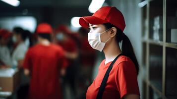 Side View Portrait of Asian Delivery Girl Wearing Red Uniform and Protective Mask in Warehouse, Work for Courier Company. Generative AI. photo