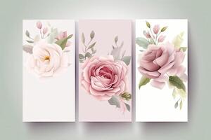 Flowers roses drawing, decorated paper background, vertical banners collection for invitation, spring and wedding card, copy space at center. photo