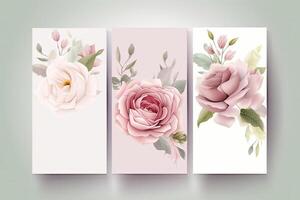 flores rosas dibujo, decorado papel fondo, vertical pancartas colección para invitación, primavera y Boda tarjeta, Copiar espacio a centro. generativo ai foto