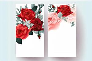 Flowers roses drawing, decorated paper background, vertical banners collection for invitation, spring and wedding card, copy space at center. photo