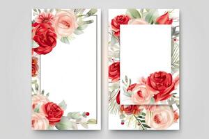 acuarela rosas flores dibujo, decorado papel fondo, vertical pancartas colección para invitación, primavera y Boda tarjeta, Copiar espacio a centro. generativo ai foto