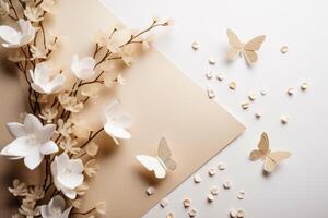 Top View 3d Wallpaper, White Flowers with Branches having Bright Light Color Incredibly Detailed Butterflies. . photo