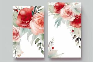 Watercolor Rose Flower and Leaves Decorative Vertical Background Or Card Mockup. Illustration. photo