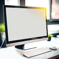 Modern workspace with computer monitor, or desktop, screen mock up on wooden table. photo