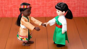 Clay Modeling of Cute Little Asian Girls Hold Hands and Standing on Plank Background. Illustration. photo