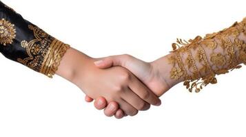 Closeup View of Two Cultural Girls Shaking Hands and Wear Floral Ethnic Dress. Illustration. photo