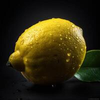 sorprendentes fotografía de amarillo maduro limón con agua gotas en oscuro fondo, generativo ai. foto